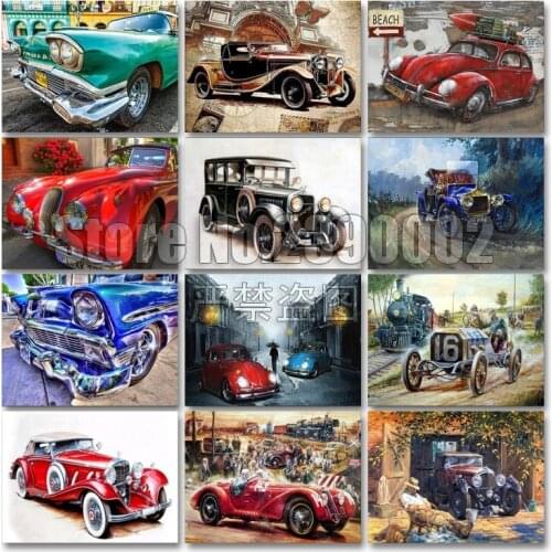 Rhinestone Retro Car Diamond Painting DIY Diamond Embroidery Cross Stitch Needlework Full Square Diamond Mosaic Wall Decor Gift
