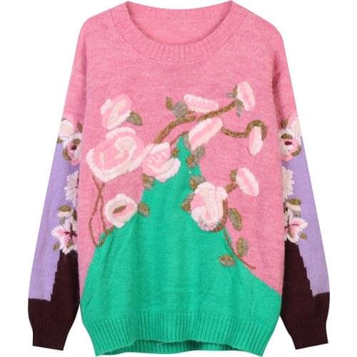 Vintage Mohair Sweater Women Pullovers Fashion Knit Tops O-Neck Jumper Jersey Floral Embroidery Loose Casual Streetwear Korean