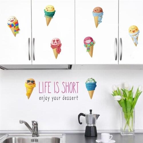 Funny Emuji Of Ice Cream Wall Stickers For Kitchen Dining Room Bar Shop Home Decoration Cartoon Mural Art PVC Decal Posters