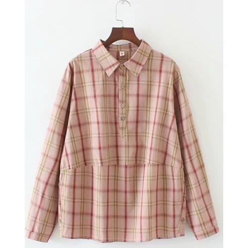 Plus Size XL-4XL Womens Plaid Blouse Long Sleeved Spring Summer A-line Tops