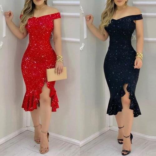 Women Dresses New Solid Dress Plain Cold Shoulder Ruffle Slim Hem Slit Dress Elegant Club Party Dresses Vestido De Mujer 2021