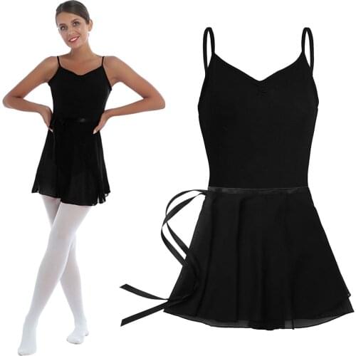 Women Adult Gymnastics Ballet Dance Dress Costume Criss Cross Cotton Camisole Ballet Leotard with Skirt Set Chiffon Wrap Skirt
