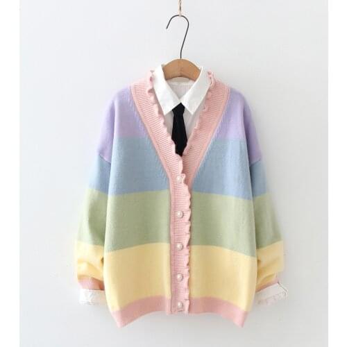 Women Cardigan Knitted Sweater Rainbow Patchwork V Neck Single Breasted Casual Women Clothes 2021 Summer Sweet Style Female Tops