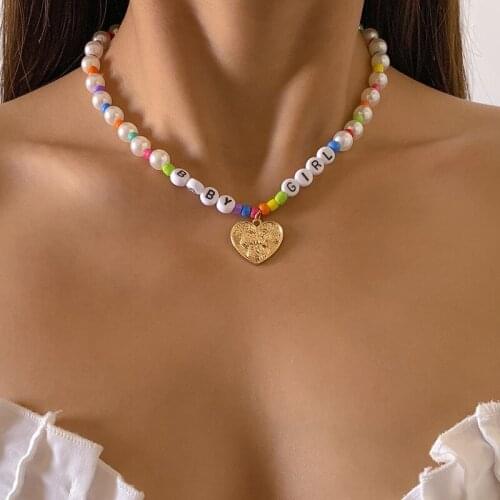 Origin Summer Bohemian Asymmetric Beaded Chains Necklaces for Women Rainbow Beads Letter Portrait Heart Coin Choker Necklace