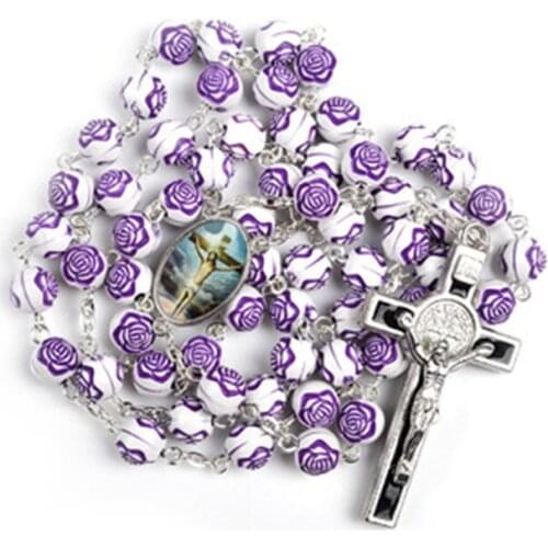 2021 New Gift Religious Cross Pendant Rosary Beads Necklace Two-Tone Rose Pattern Jesus Fashion Choker Christian Jewelry