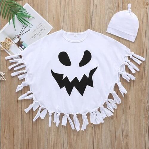 White Kids Gilrs Boy Casual Sleeveless Cloak Cartoon Halloween Printing Tassel Bat Style Cape with Hat Halloween Cotume