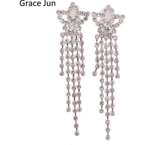 Grace Jun(TM)2017 New Desing Bridal Silver Plated Rhinestone Crown Shape Long Tassel Clip on Earrings Without Piercing for Women