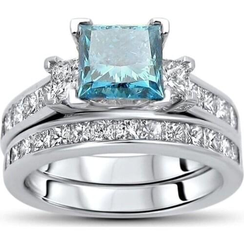 Male Female Aqua Blue Crystal Ring Set Retro Silver Color Wedding Rings For Women Men Cute Square Zircon Engagement Double Ring
