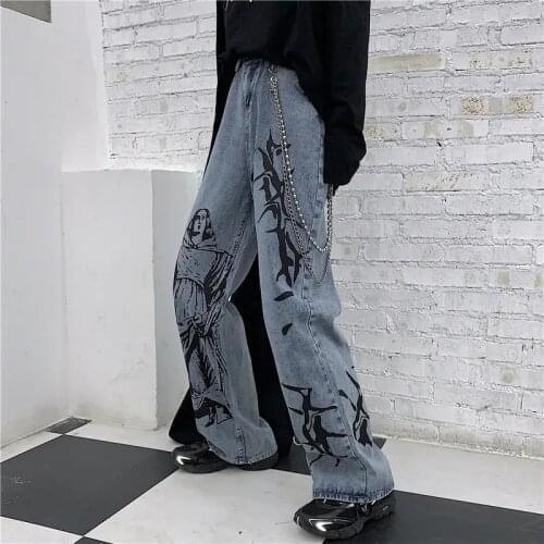 Pant Jeans Women Spring/Summer New Harajuku Printed High Waist Loose Button Zipper Street Hip Hop Fashion Denim Trousers ZM434