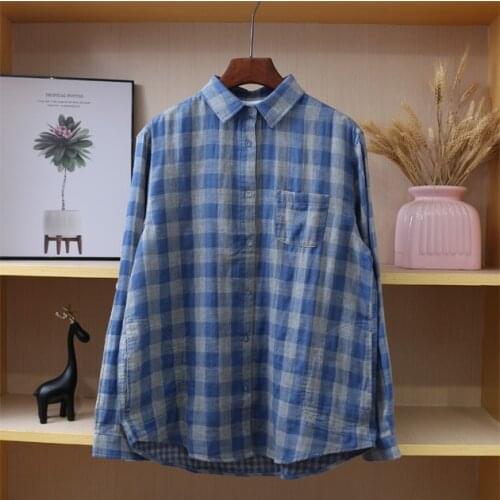 Plaid Women Shirt Coton Long Sleeve 2020 Autumn Spring Retro Cardigan Mori Girl Loose Plaid Casual Women Basic Shirt