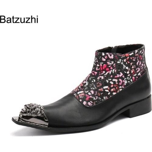 Batzuzhi Fashion Mens Ankle Boots Genuine Leather Personality Pointed Metal Toe Zip Black Color Leather Motorcycle/Party Botas
