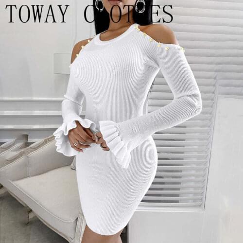Cold Shoulder Beaded Bell Sleeve Bodycon Dress Long Sleeve Cocktail Sexy Party Dress for Women Dress 2021