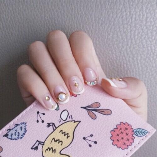 Limited pure color with full diamond and pearl decoration 3d false nails french bride beautiful full nail tips cute fake nails