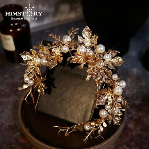 HIMSTORY Bridal Hair Jewelry Gold Baroque Headbands Hairbands Pearls Leaf Headpieces Headdress For Brides Girls Wedding Accessor