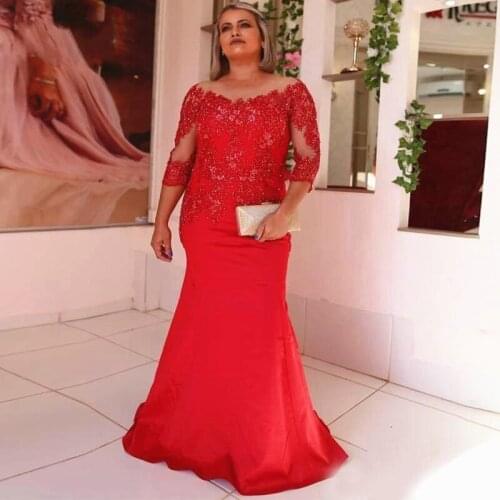 Mermaid Long Red Mother of the Bride Dress 3 4 Long Sleeve Sequined Lace Wedding Party Formal Gown Evening Dress Floor Length