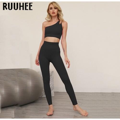 RUUHEE Yoga Sets Women High Waist Leggings One Shoulder Bra Gym Clothing Workout Sportswear Fitness Seamless Yoga Suits Women