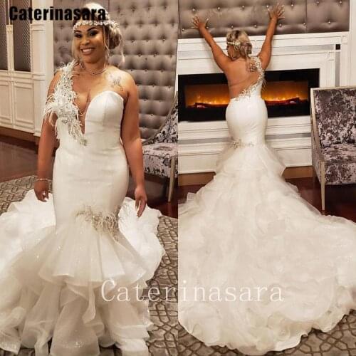 One Shoulder Feather Backless Wedding Dress Ruffle Organza Mermaid Bridal Gown