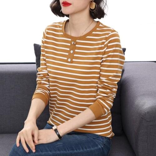 TuangBiang 2021 Diamond Button Womens Striped Cotton T-Shirt Loose Fashion Feminine Autumn Tshirts Large Size Winter Yellow Tops
