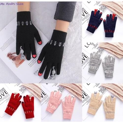 Winter Warm Stretch Knit Mittens Imitation Wool Full Finger Guantes Female Crochet Thicken Touch Screen Gloves Women Men