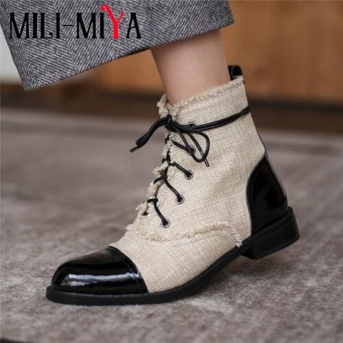 MILI-MIYA Fashion Design Women Ankle Boots Cow Leather&Breathable Fabric Lace-Up Round Toe Square Heels Plus Size 34-44 For Lady