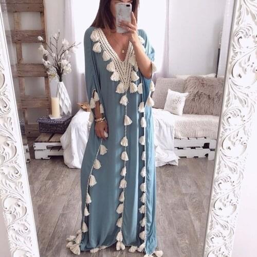 Fashion Womens Solid Colors 3/4 Sleeve Middle Eastern Plus Size Robe Muslim Loose Tassel Evening Party Long Dress Vestidos#35