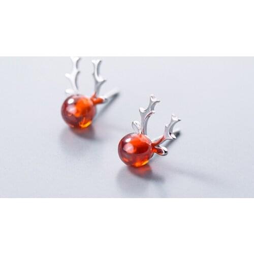 MloveAcc Christmas Gift Jewelry Fashion Korean Style 925 Sterling Silver Cute Elk Shape Animal Red Stone Stud Earrings for Girls