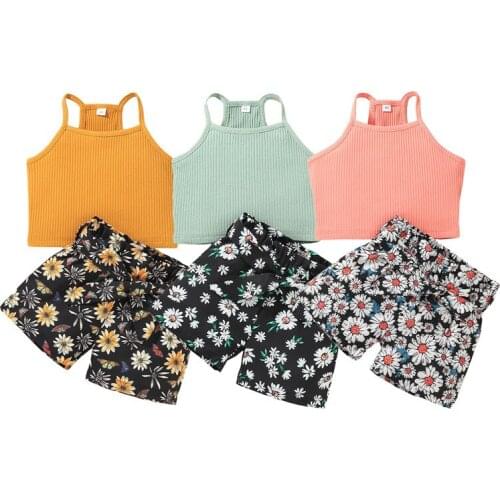 1-6Y Summer Lovely Kids Girls Clothes Sets 2pcs Strap Sleeveless Solid Vest Tops Floral Printed Shorts