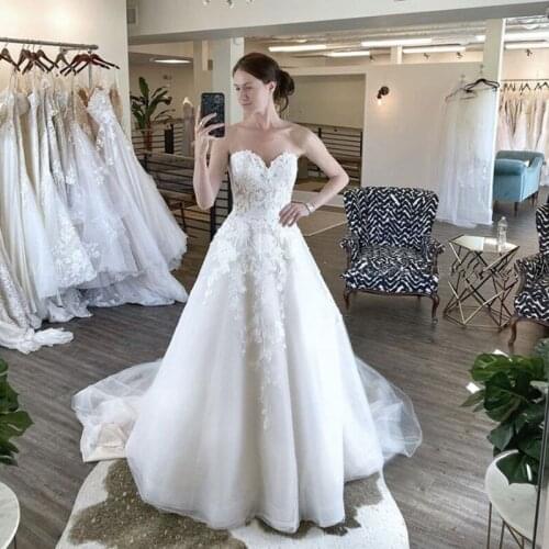 Elegant A-line White Wedding Dresses Sweetheart Floral Print Appliques Bridal Dress Chapel Train robe de mariée vestido de novia