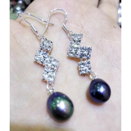 3 pairs / lot women Jewelry Earrings 8mm black green oval pearl shining rhinestone dangle hook earring Natural Freshwater pearl