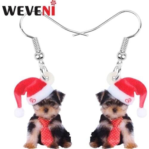 WEVENI Acrylic Christmas Hat Tie Yorkshire Dog Earrings Drop Dangle Animal Decoration Jewelry For Women Girl Teen Kid Party Gift