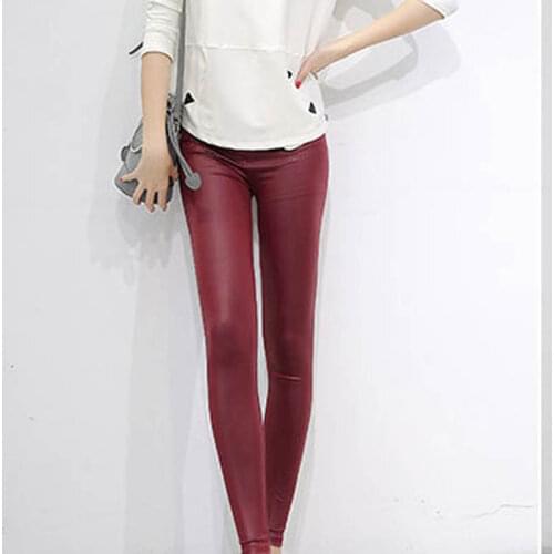 Spring Womens Trousers Simulation Leather Slim Elastic Comfortable Thin Womens Pants Fashion Solid Color Casual Pants