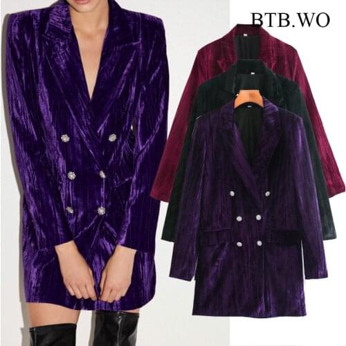 BTB.WO Za Blazer Women 2021 Chic Purple Velvet Suit Dress Women Beading Buttons Vintage Blazer Female Outerwear Chic Tops