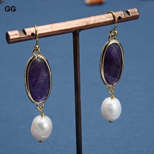 GuaiGuai Jewelry Natural Cultured White Pearl Bezel Set Purple Amethysts Gold Color Plated Hook Earrings Cute For Women