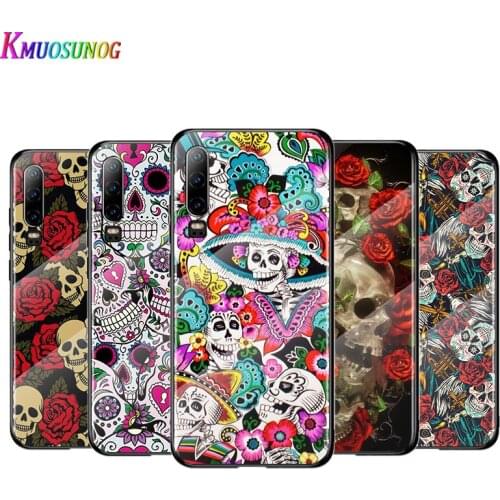 Art Flower Skull For Huawei P40 P30 P20 P10 Pro Plus Lite 5G 2019 Tempered Glass Cover Shell Luxury Phone Case