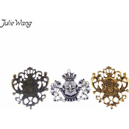 Julie Wang 6PCS Mixed Lion Badge Pendant Charms Alloy Antique Color DIY Vintage Decoration Findings Jewelry Making Accessory