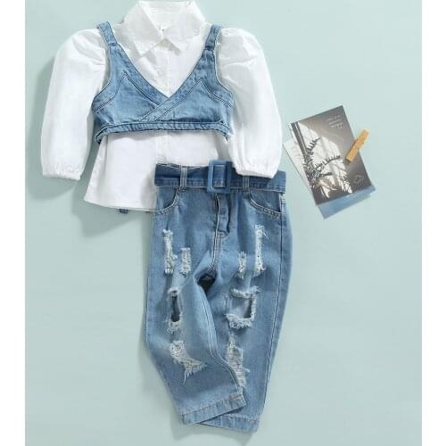 2021 1-6Y Fashion Kids Baby Girl Clothes Set White Solid Color Long Sleeve Shirt+Bandage Vest Coats+Holes Denim Pants Fall 3pcs