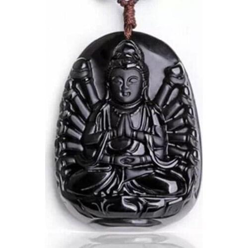 Men Necklace Pendant Black Obsidian Carved Thousand Hands Guanyin Buddha Pendant Free Chain Gift for Female Fine Jewelry