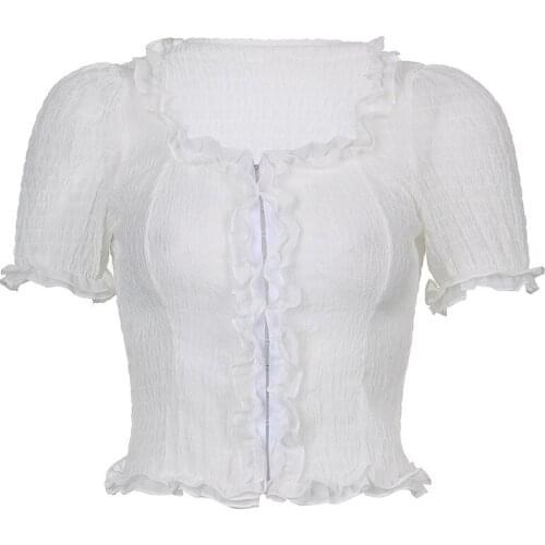 New sexy waist puff sleeve temperament slim short section wood ears side T-shirt