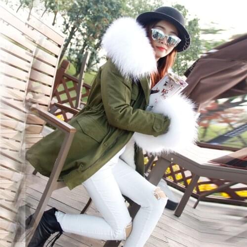 2017 New Jacket Women Winter Coat Long Slim Cotton Padded Outwear Real Large Raccoon Dog Fur Collar Hooded Parka Fast Delivery