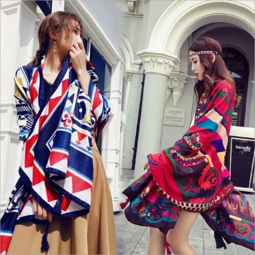 New womens scarf cotton and linen ethnic style bohemian color graffiti tourism seaside holiday sunscreen scarf beach towel