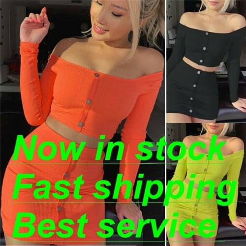 New Women Knit Clothes Set Sexy Cold Shoulder T Shirt Crop Top High Waist Skirt Bodycon Women Clothing Party Club Two Pieces Set