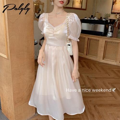 Womens Summer New Style French Waist Slimming Square Neck Puff Sleeve Evening Cloud Yarn Streamer Dress