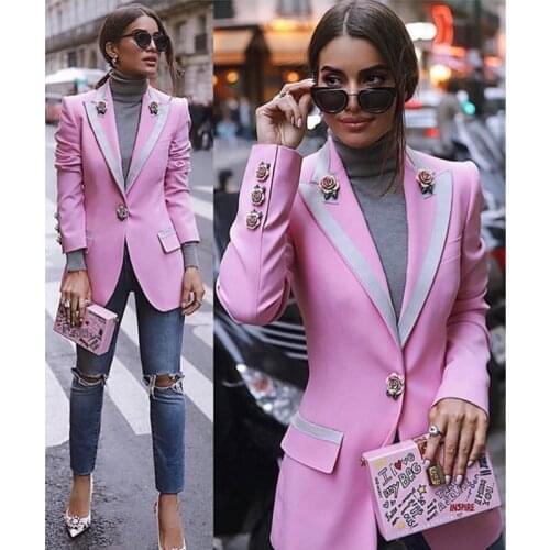 Runway Luxury Lapel Autumn Winter Elegant Cardigan 3D Rose Buckle Printed Long Sleeve Lined Pink Slim Coat Clothes Korean