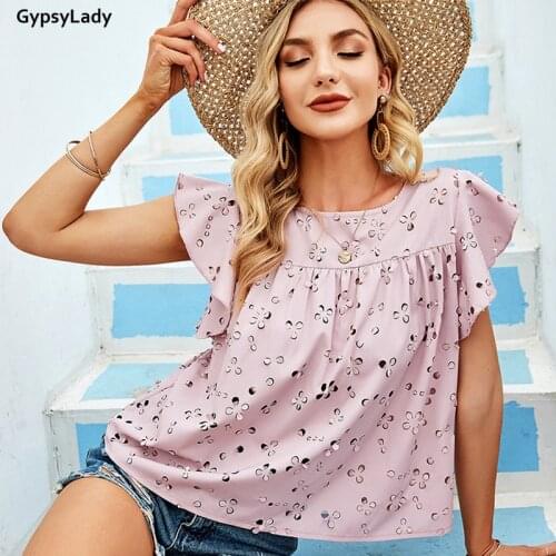 GypsyLady Pink Summer Chic Blouse Top Eyelet Hollow Out Sexy Blouse Shirt Flare Sleeve O-neck Sheer Women Ladies Top Shirt New