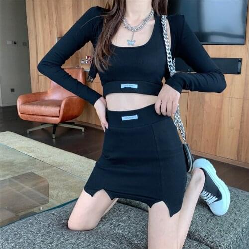 Sexy Dress Sets Strap Suit Female Summer Overskirt Knit Long-Sleeved Coats Korean Fashion Two-Piece Set Ensemble Femme Crop Tops