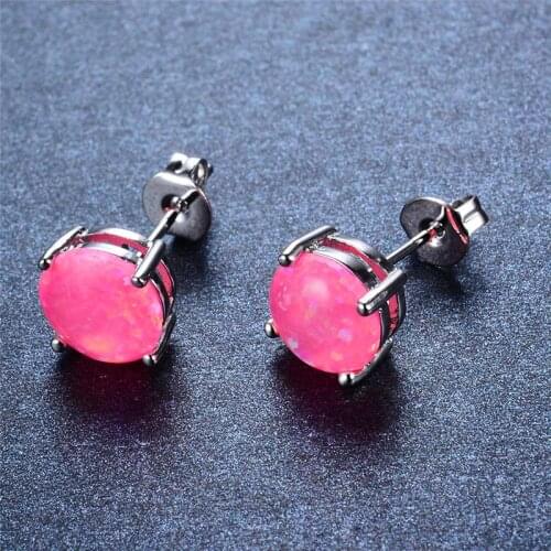 8MM Round Pink Fire Opal Stone Stud Earrings For Women Rose Gold Silver Color Charm Multicolor Wedding Earrings Fashion Jewelry