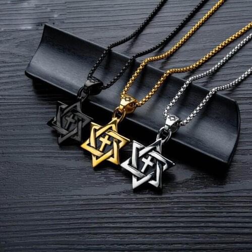 Vintage Hexagram Cross Pendant Necklace for Men Stainless Steel Judaism Religious Male Lucky Jewelry