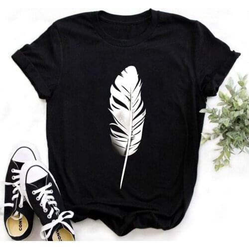 ZOGANKIN Summer New Fashion Feather Printed Women Tshirt Kawaii 90s Girls Shirts Couple Friends Black Tops Tee