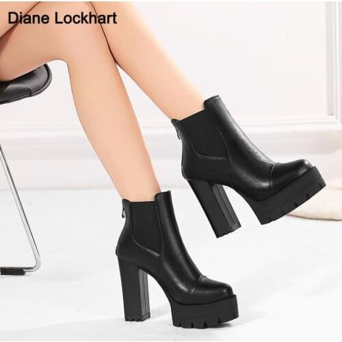 Women Elastic Band Autumn Ankle Chelsea Boots Square Heel Platform Female Shoes Super High Heels Winter Short Plush Boot Ladies