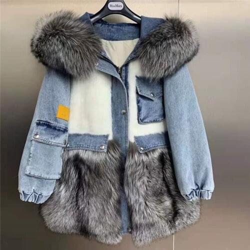 Real mink fur coats for women denim parka patchwork natural silver fox fur hood jacket winter
